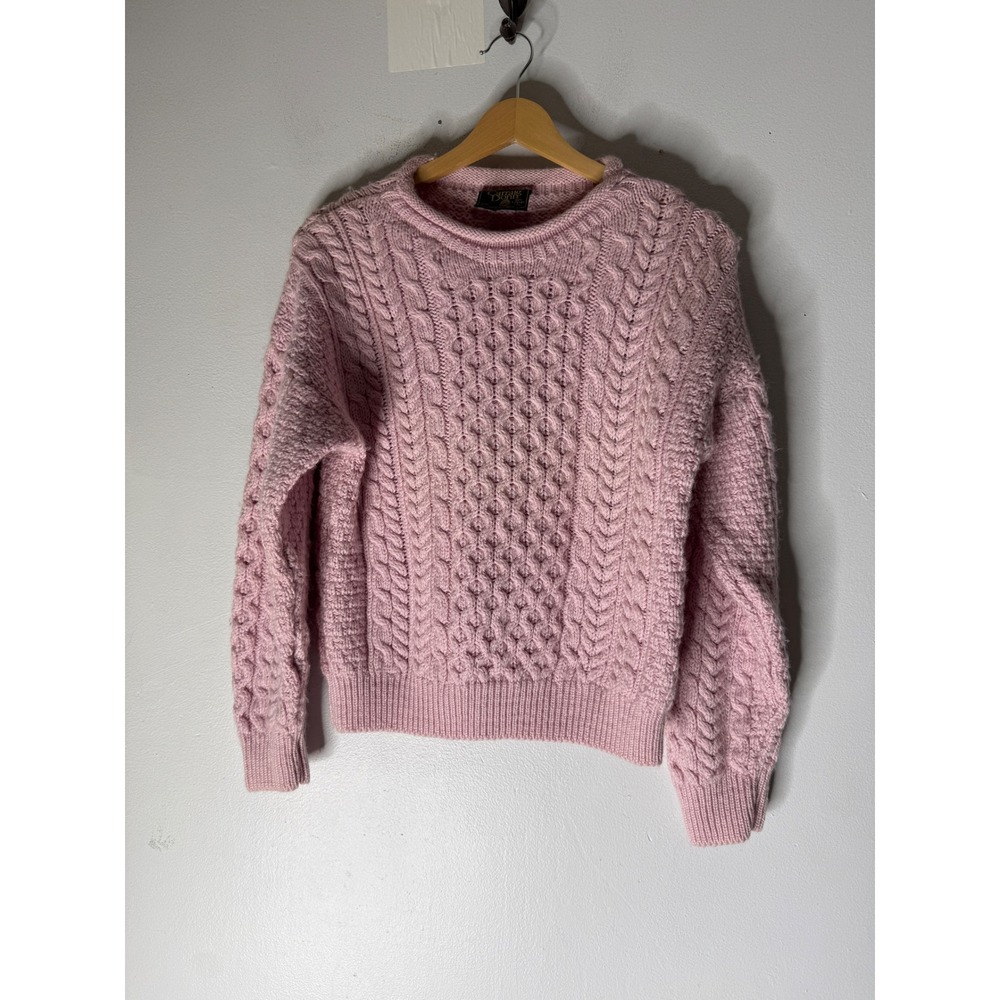 Carraig Donn Pink Merino Wool Aran Cable Knit Sweater Made in Ireland Womens M